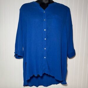 Catherine’s Blouse Women’s 2X Blue Gauzy Tunic Slits Roll Tab 3/4 Sleeves Casual